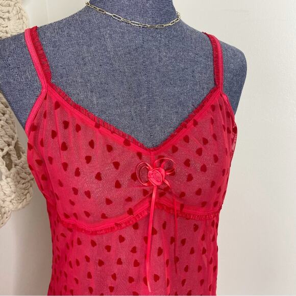 Vintage Y2K Red Heart Flocked Velvet Sheer Chemise Babydoll Slip Size Large - Picture 3 of 4